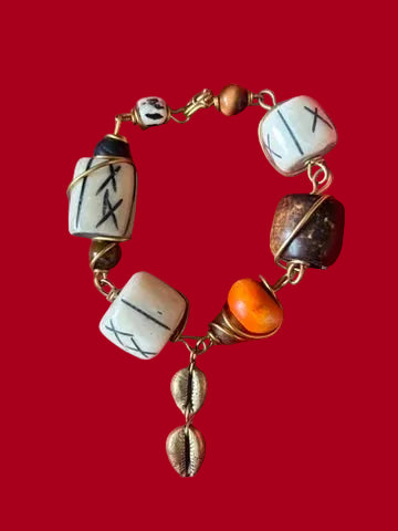 Batik & Brass Cowrie Shell Charm Bracelet