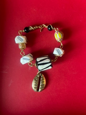 Batik & Brass Cowrie Shell Charm Bracelet