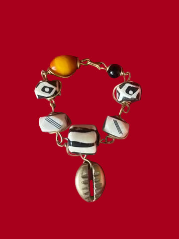 Batik & Brass Cowrie Shell Charm Bracelet