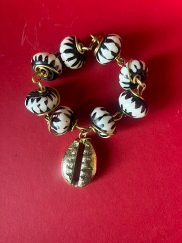 Batik & Brass Cowrie Shell Charm Bracelet
