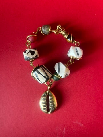Batik & Brass Cowrie Shell Charm Bracelet