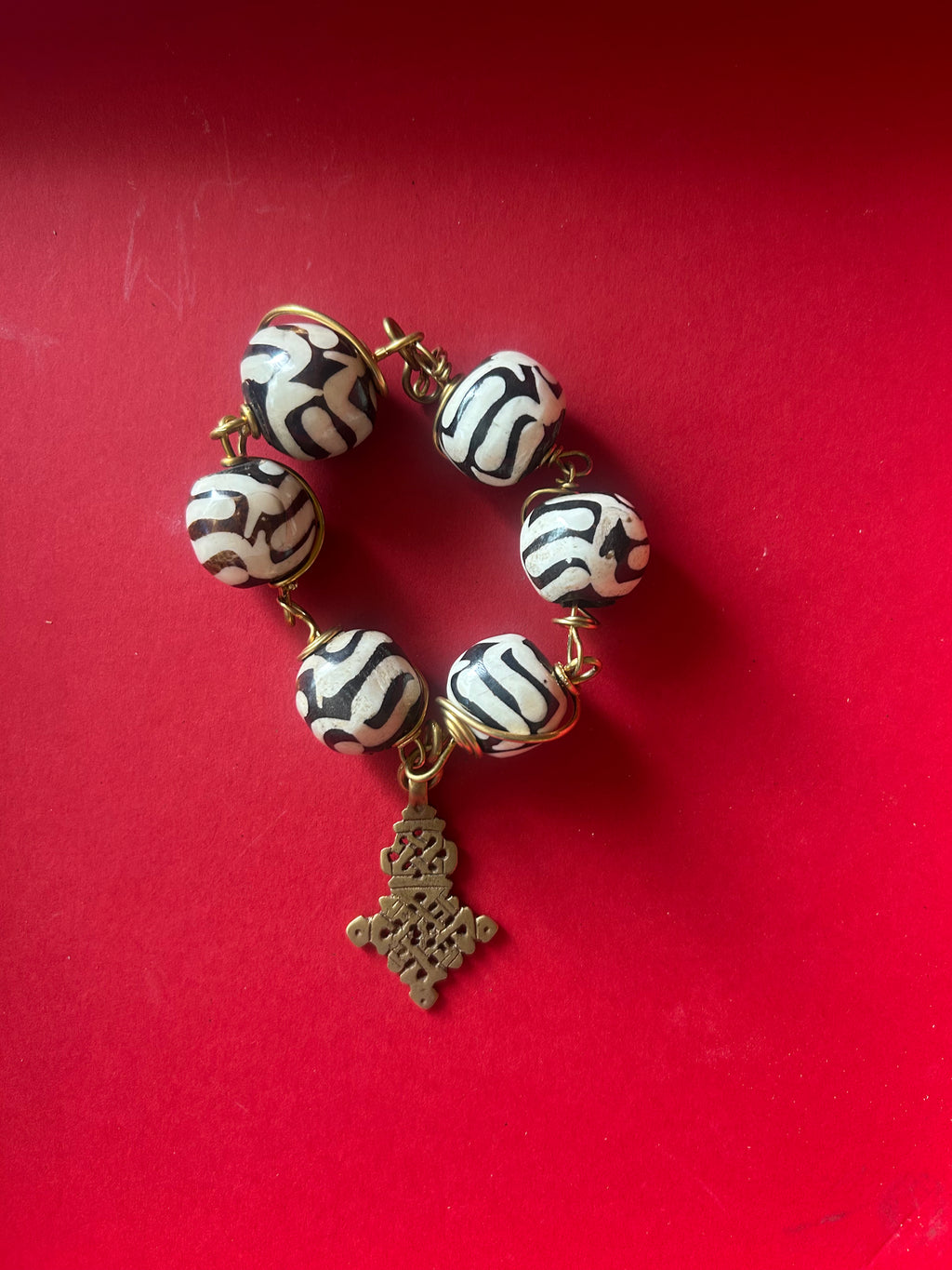 Batik & Brass Ethiopian Cross Charm Bracelet