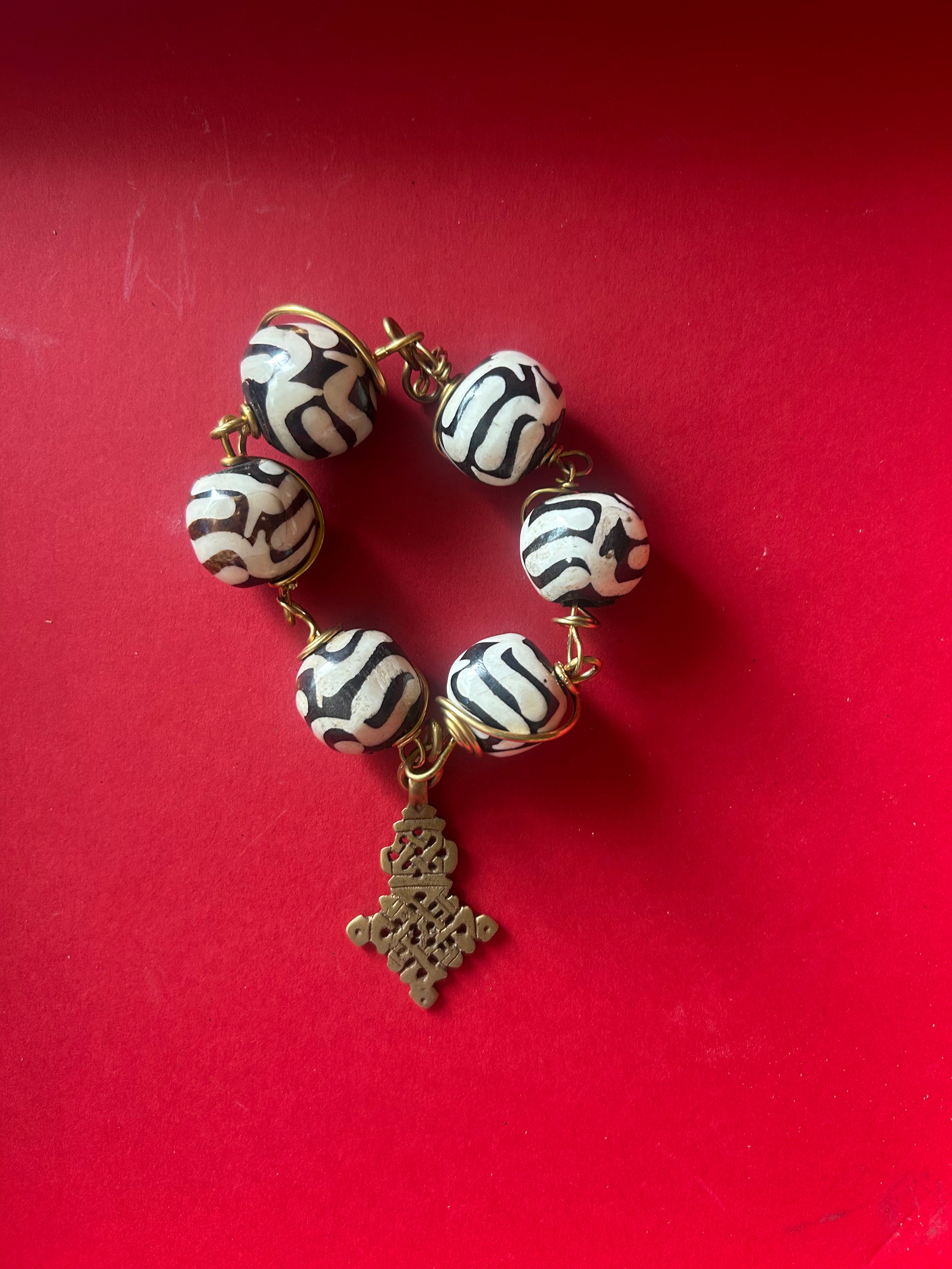 Batik & Brass Ethiopian Cross Charm Bracelet