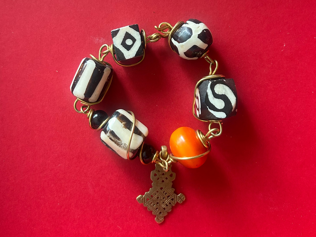 Batik & Brass Ethiopian Cross Charm Bracelet
