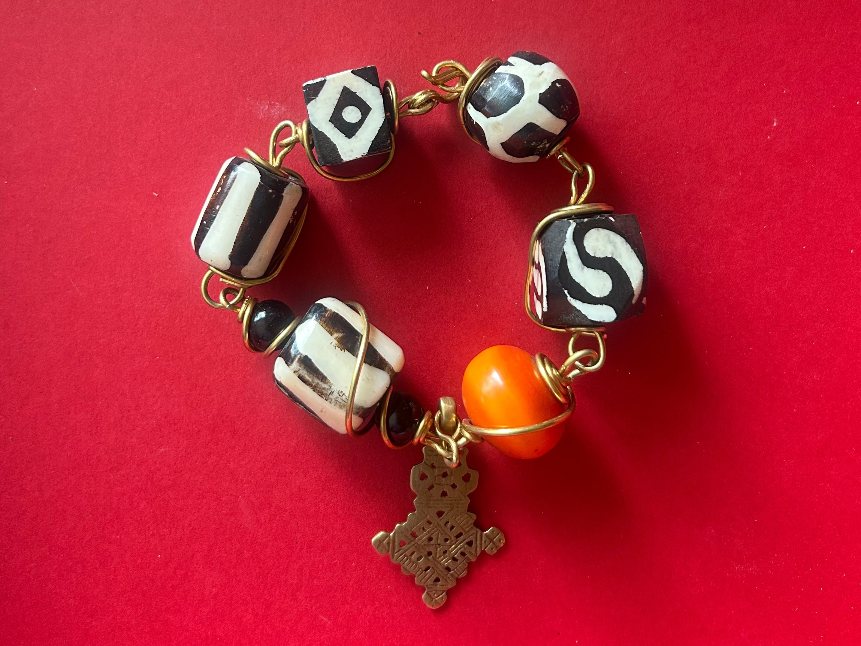 Batik & Brass Ethiopian Cross Charm Bracelet
