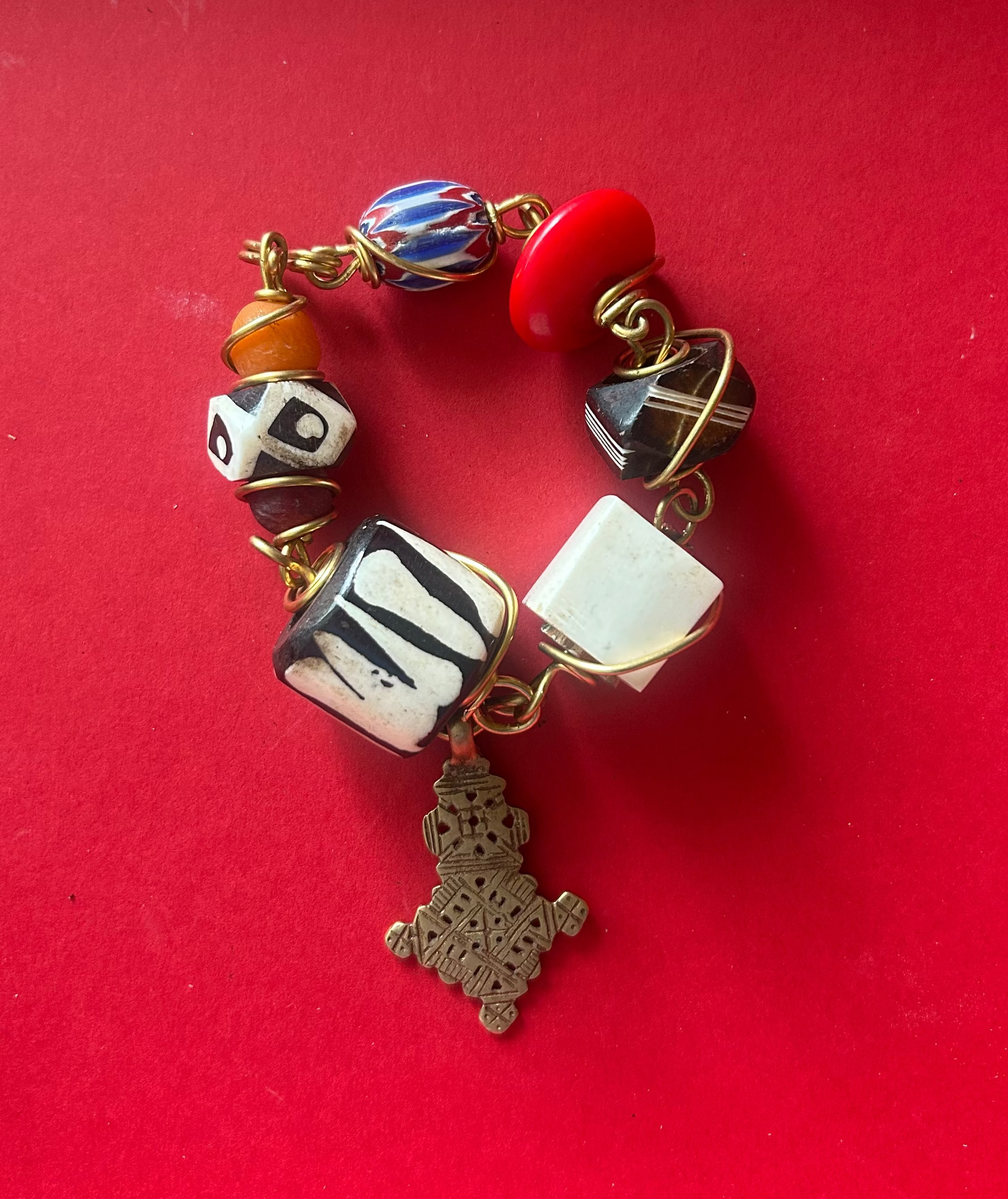 Batik & Brass Ethiopian Cross Charm Bracelet