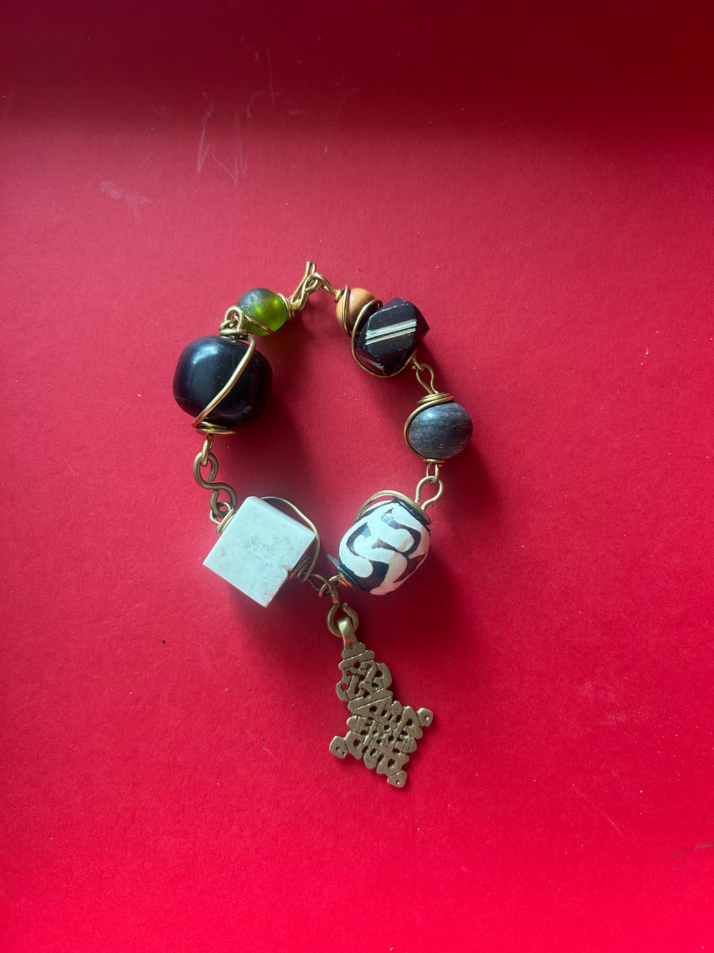Batik & Brass Ethiopian Cross Charm Bracelet