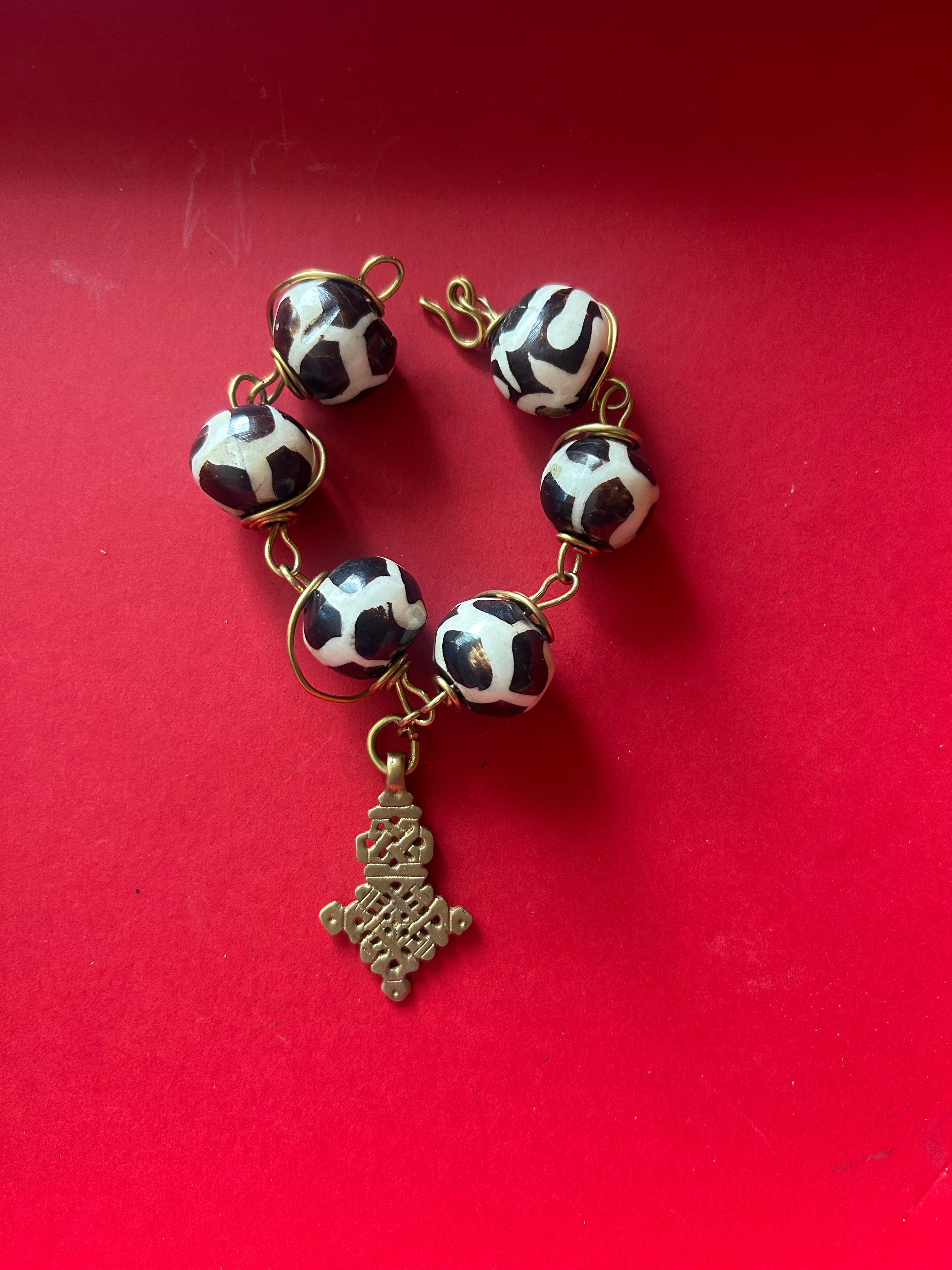 Batik & Brass Ethiopian Cross Charm Bracelet